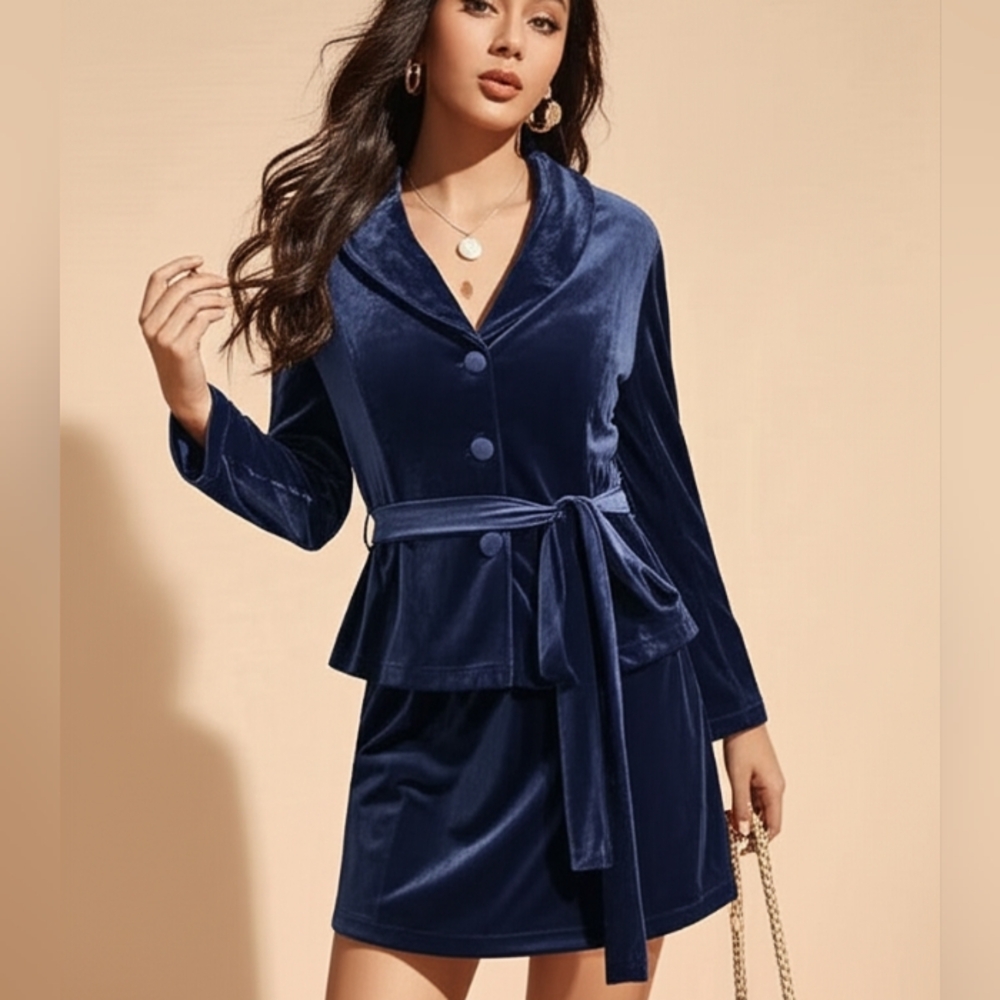 Hillard & Hanson Navy Velvet Peplum Blazer and matching mini skirt set suit SZ S